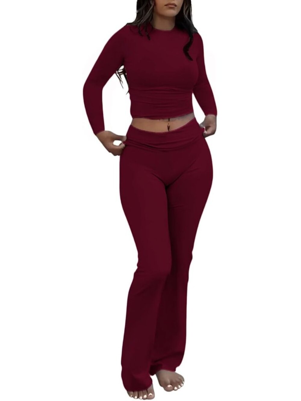 Women's Burgundy 2 Piece Outfits Long Sleeve Crew Neck T Shirt Pajama Sets